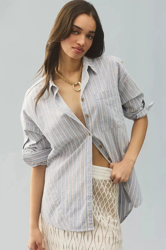 Anthropologie Pilcro Button-Sleeve Buttondown Shirt – front on model blue