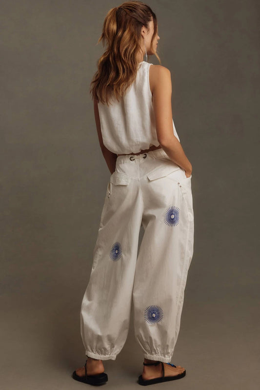 Anthropologie Pilcro The Slacker Embroidered Parachute Pants – back on model white