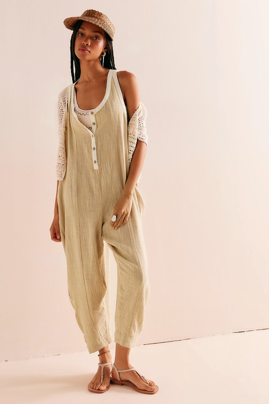 Free People Coastal Cruisin' Jumpsuit – front on model beige