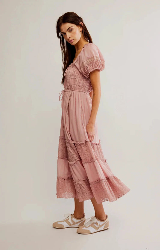 Free People Falling Sun Midi Dress – side on model pink
