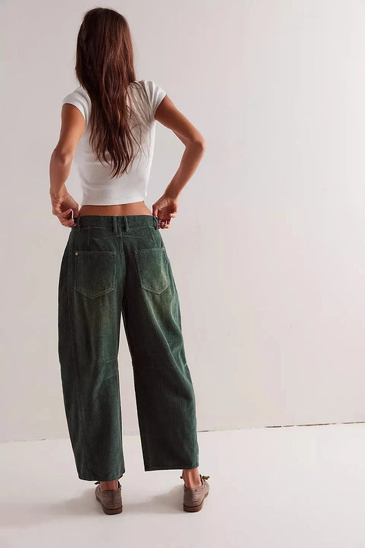 Free People We The Free Good Luck Mid-Rise Cord Barrel Jeans - back on model green