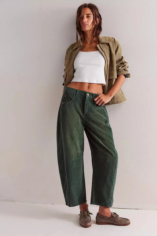 Free People We The Free Good Luck Mid-Rise Cord Barrel Jeans - front on model green