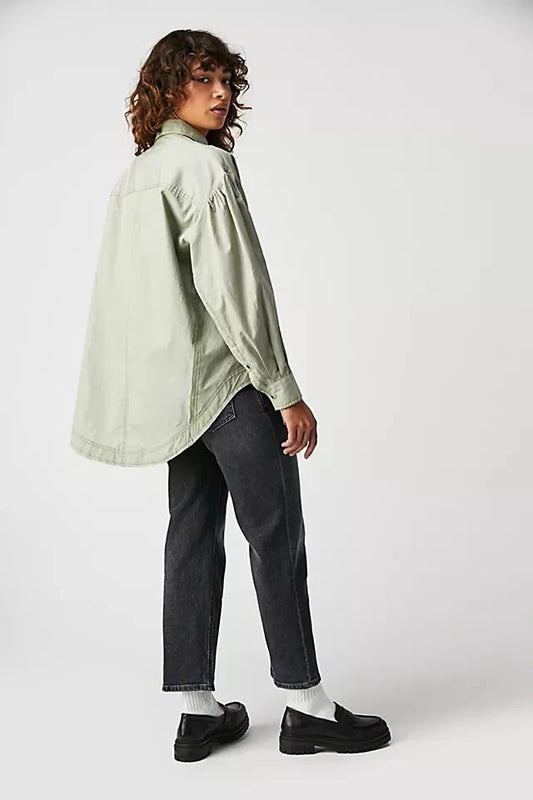 Free People We The Free Happy Hour Solid Poplin Top – back on model green