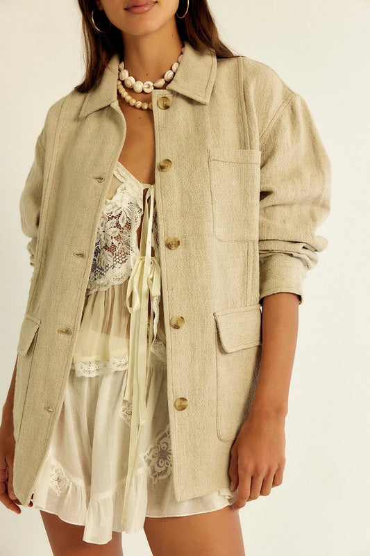 Free People Lucy Linen Chore Coat – front on model cream
