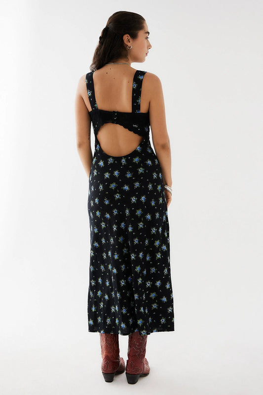 Urban Outfitters Light Before Dark Bex Floral Print Lingerie Slip Dress – back on model black