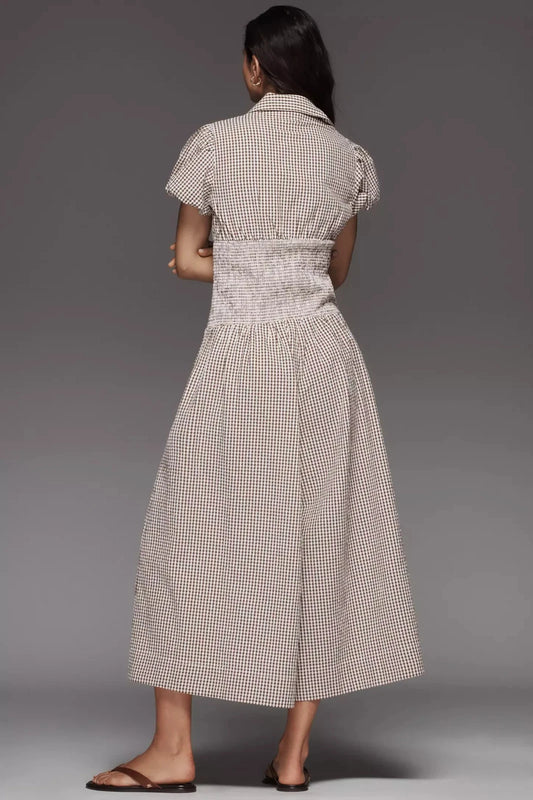 Anthropologie Maeve Puff-Sleeve Smock Wide-Leg Jumpsuit – back on model brown