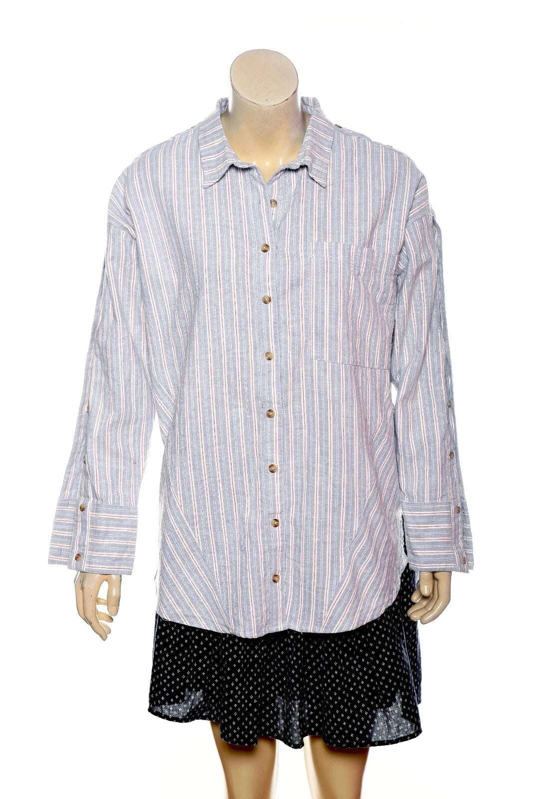 Anthropologie Pilcro Button-Sleeve Buttondown Shirt – front view blue