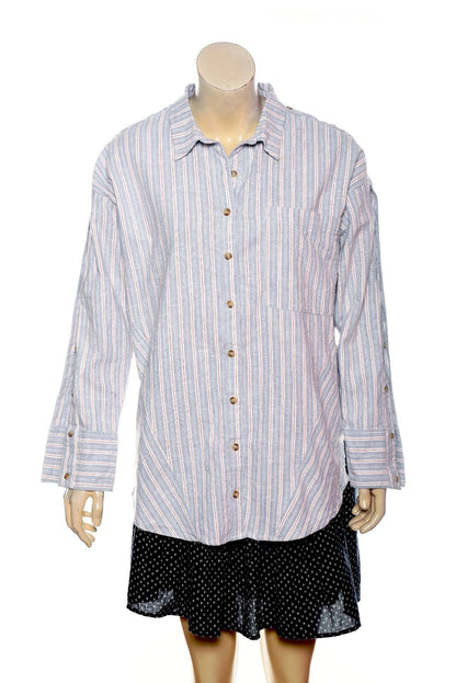 Anthropologie Pilcro Button-Sleeve Buttondown Shirt – front view blue