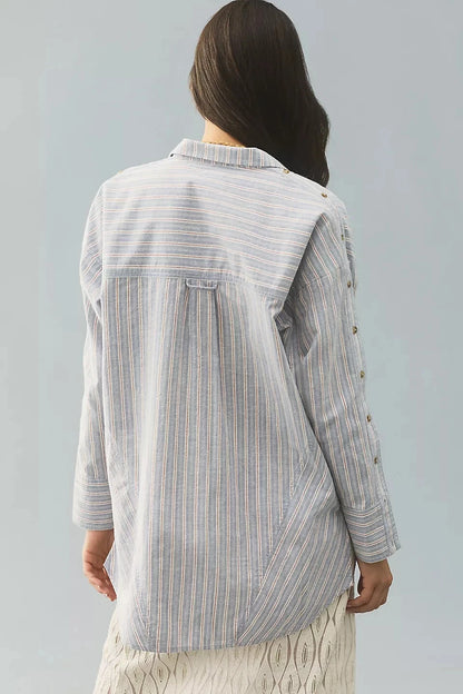 Anthropologie Pilcro Button-Sleeve Buttondown Shirt – back on model blue