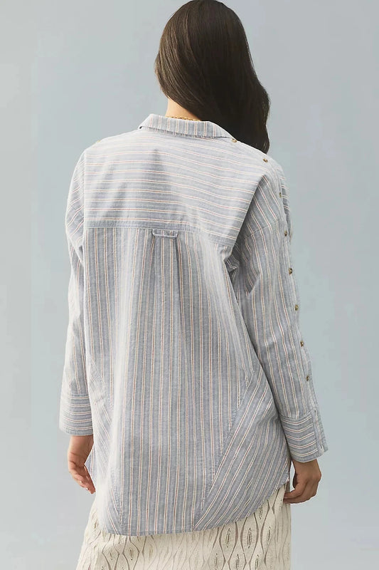 Anthropologie Pilcro Button-Sleeve Buttondown Shirt – back on model blue