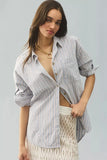 Anthropologie Pilcro Button-Sleeve Buttondown Shirt – front on model blue