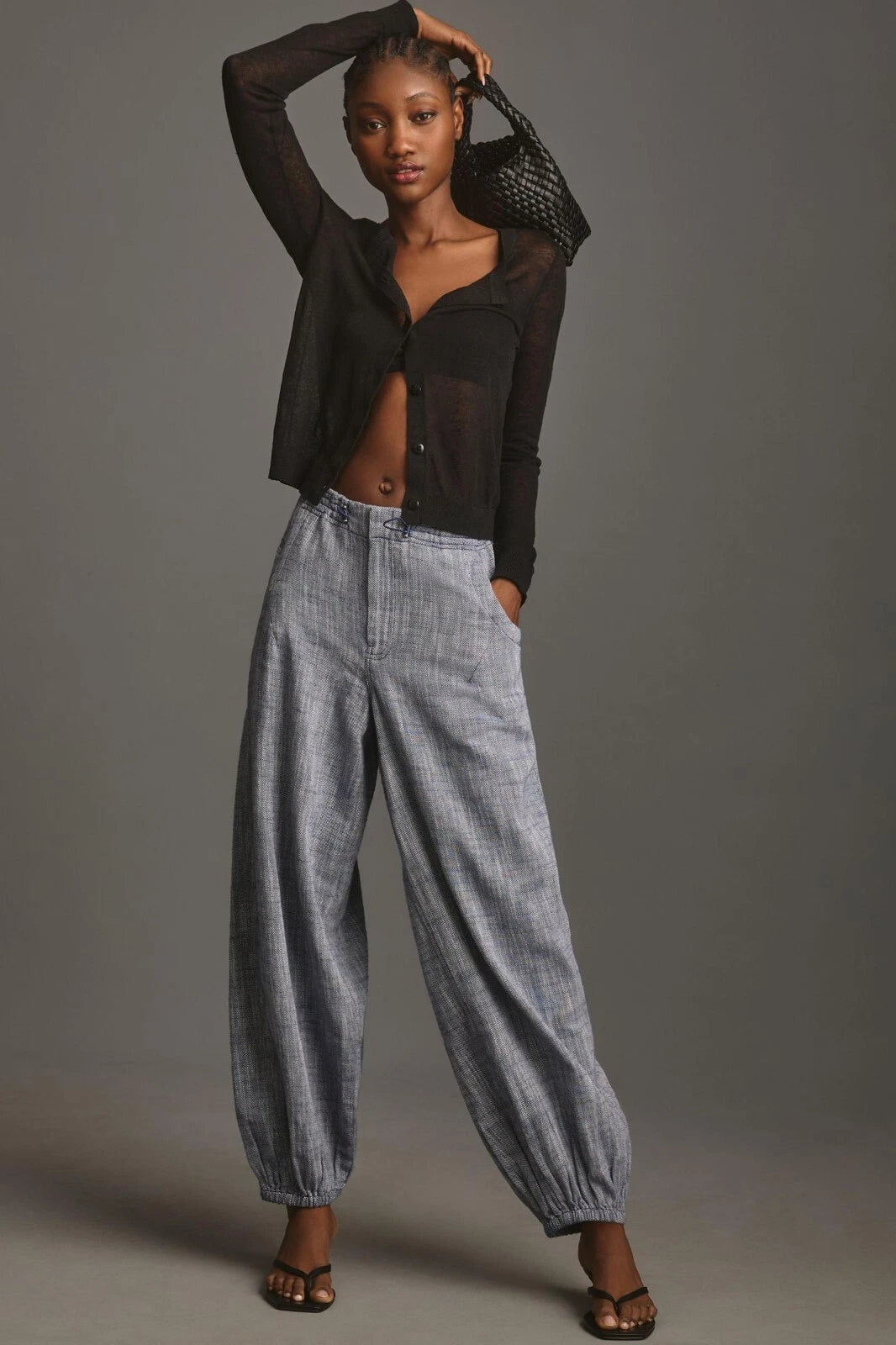 Anthropologie Pilcro Slub Twill Parachute Pants – front on model blue