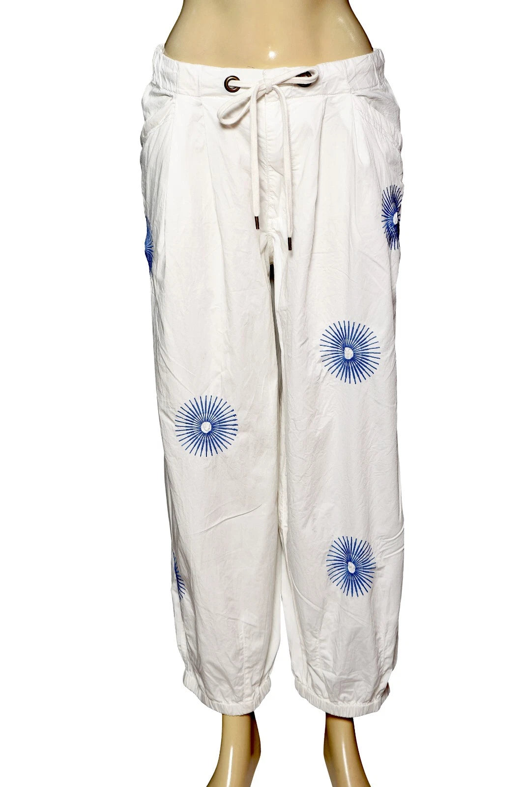 Anthropologie Pilcro The Slacker Embroidered Parachute Pants – front view white