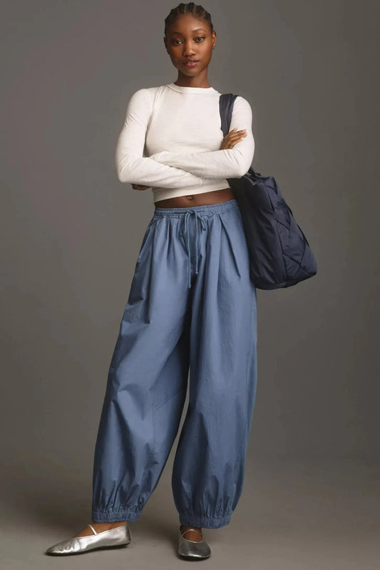 Anthropologie The Mossa Parachute Trousers Pants – front on model blue