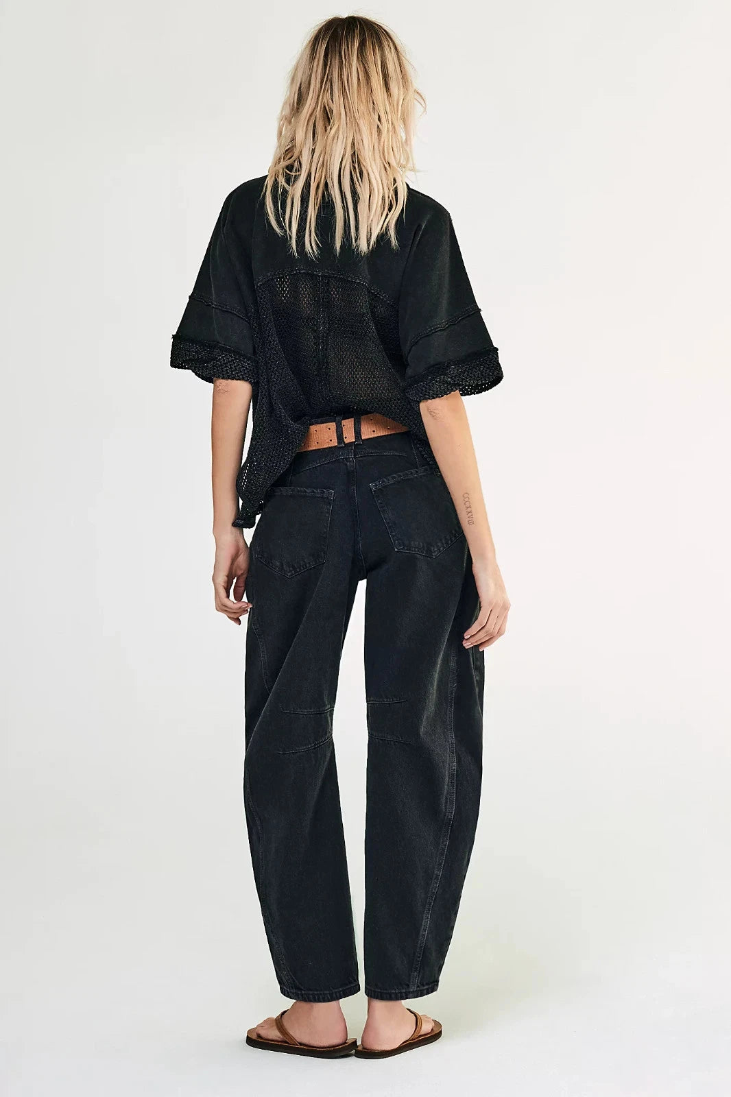 Free People We The Free Good Luck Mid-Rise Barrel Jeans – back on model black