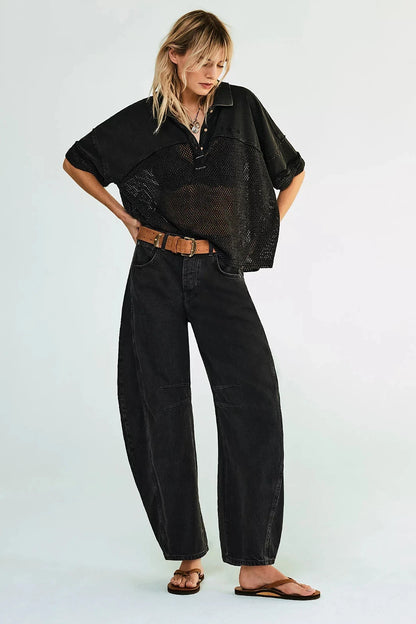 Free People We The Free Good Luck Mid-Rise Barrel Jeans – front on model black