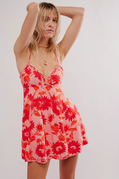 Free People Altura Printed Mini Dress – front on model pink