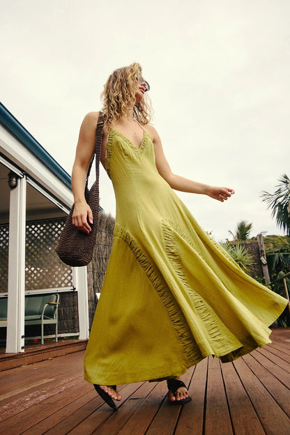 Free People April Midi Dress – front on model green