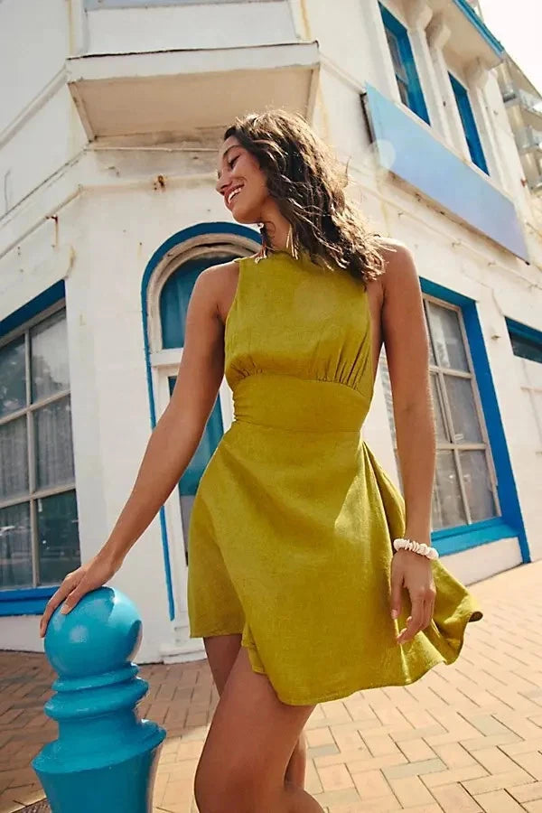 Free People Callie Chic Mini Dress – front on model green