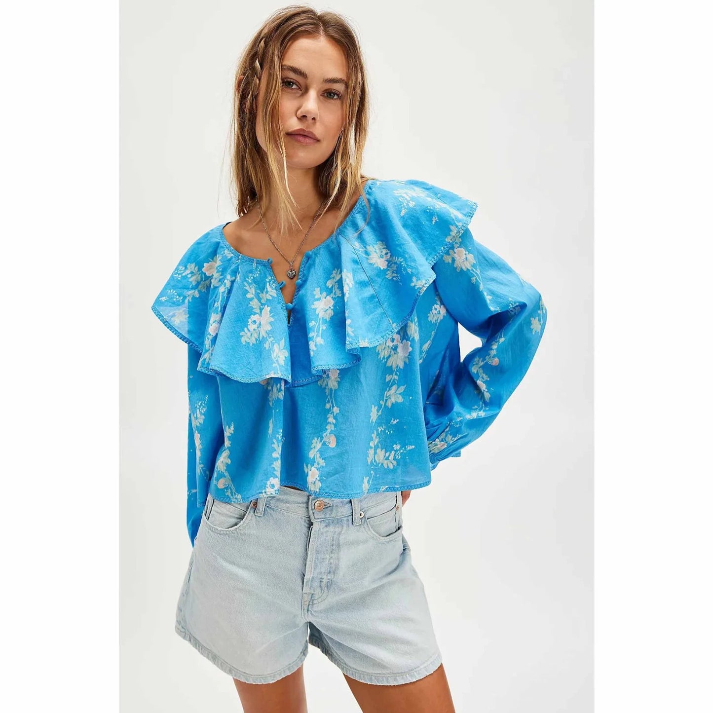 Free People Camilla Printed Blouse – front on model blue