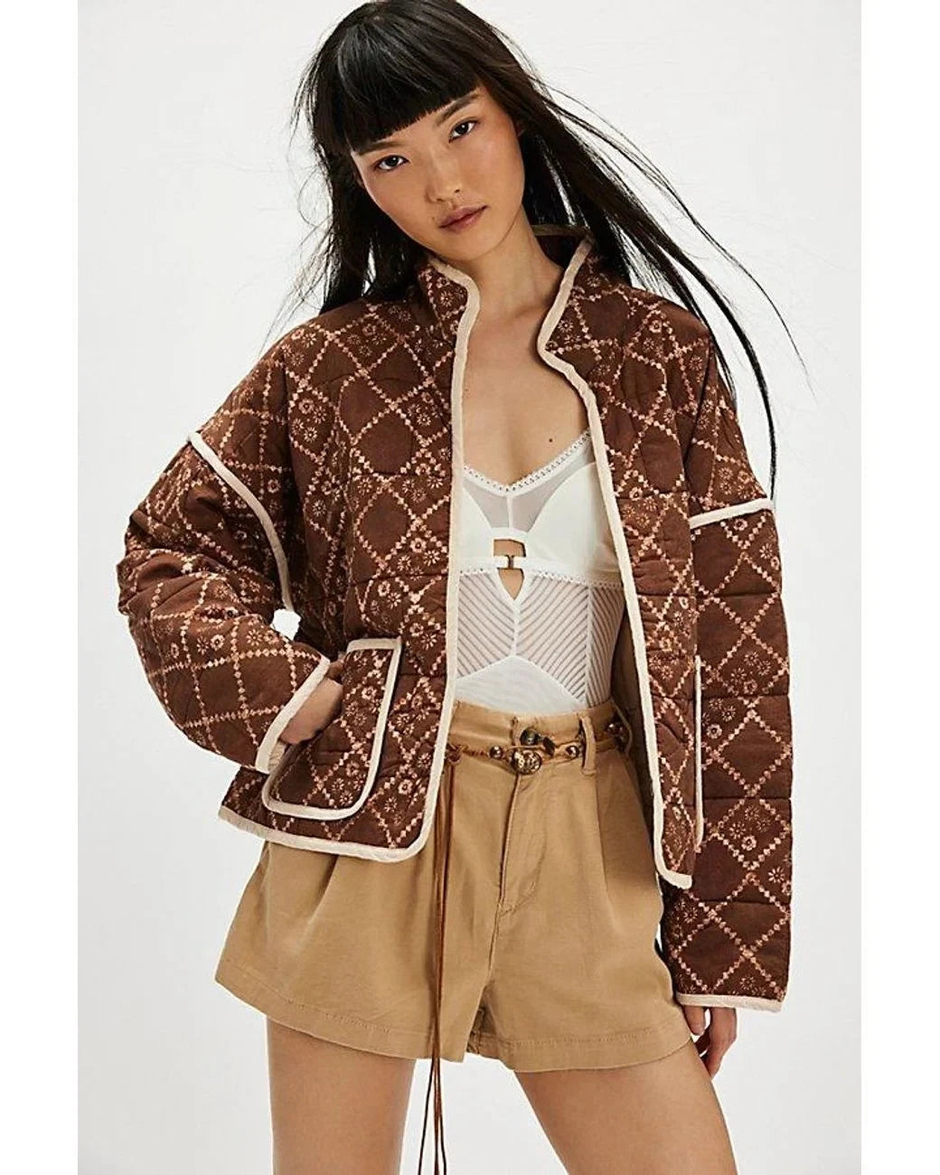 Free People Chloe Jacket – front on model brown