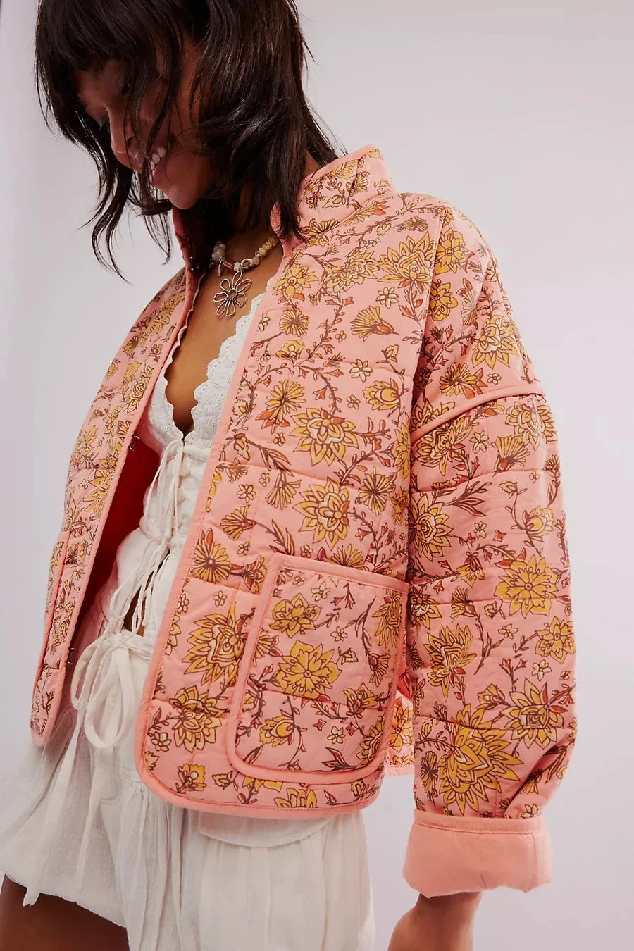 Free People Chloe Jacket – front on model peach