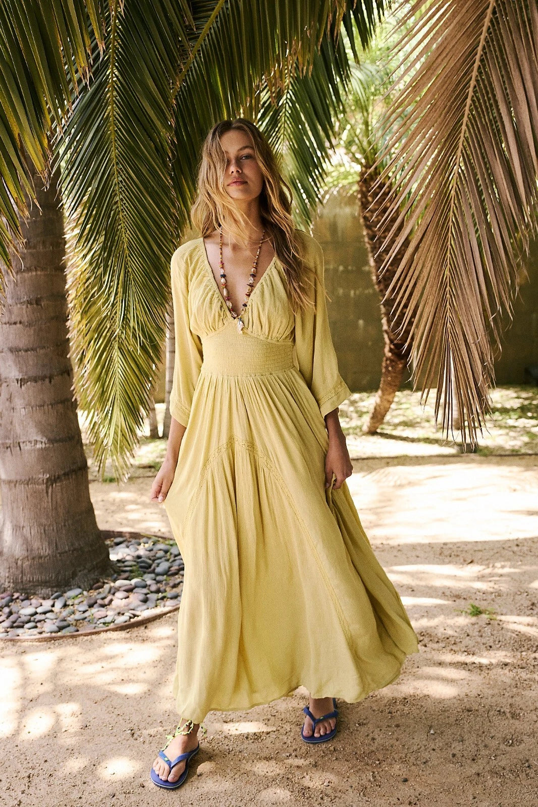 Free People Dixie Maxi Dress – front on model yellow