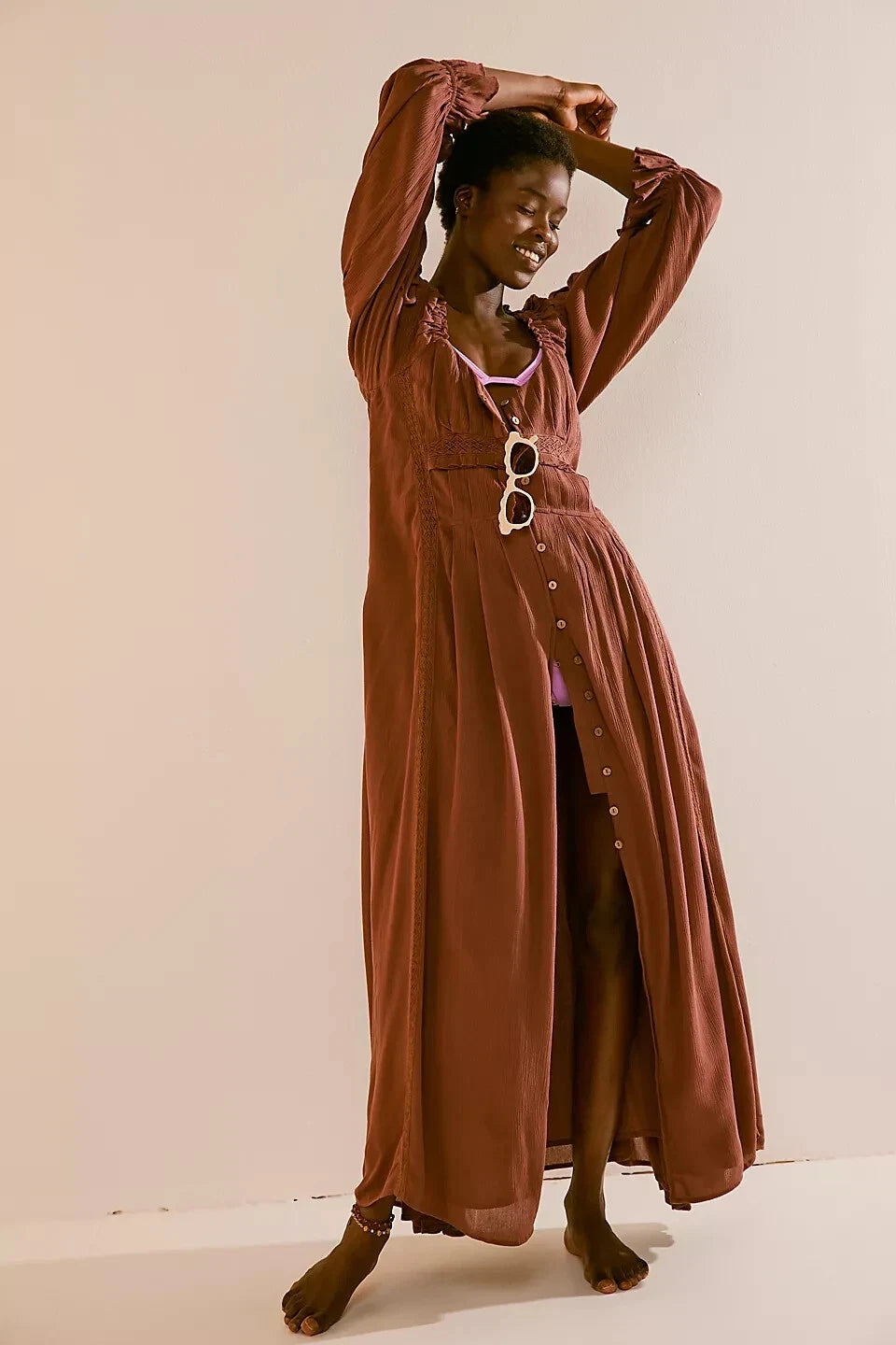 Free People Magdalia Maxi Dress – front on model brown