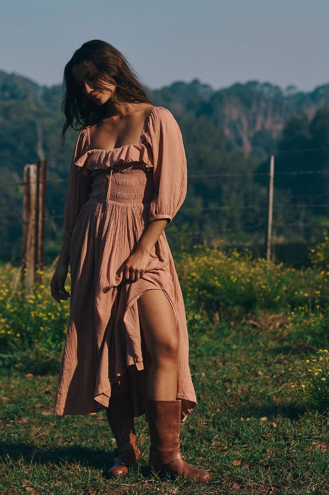 Free People Oasis Midi Dress – front on model brown