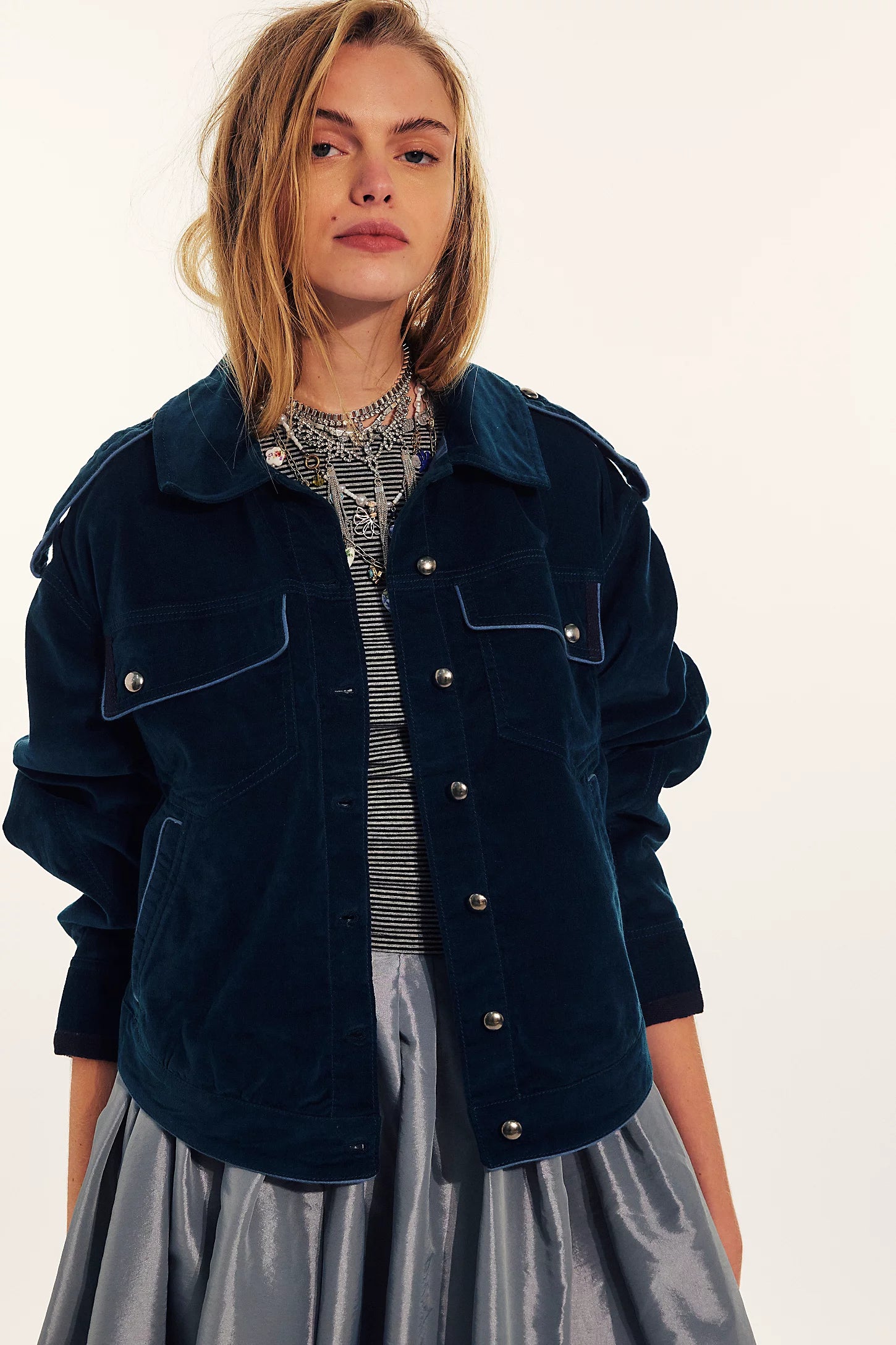 Free People Officer Velvet Jacket - front view on model