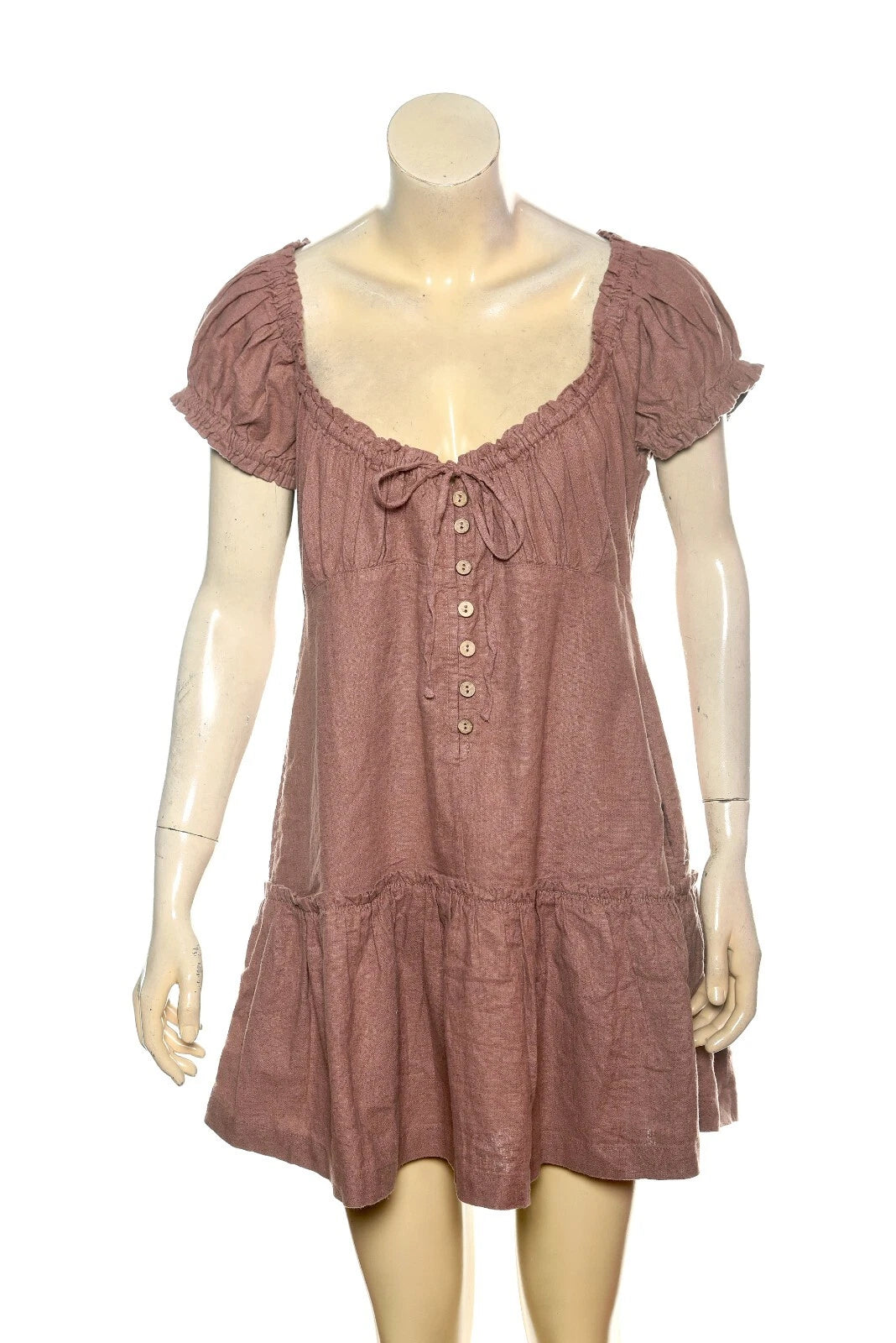 Free People Perri Linen Drop-Waist Mini Dress – front view brown