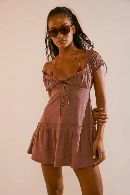 Free People Perri Linen Drop-Waist Mini Dress – front on model brown