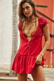 Free People Perri Linen Drop-Waist Mini Dress – front on model red
