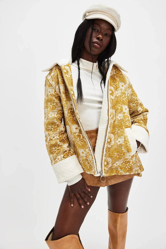Free People Sabrina Tapestry Jacket – front on model yellow