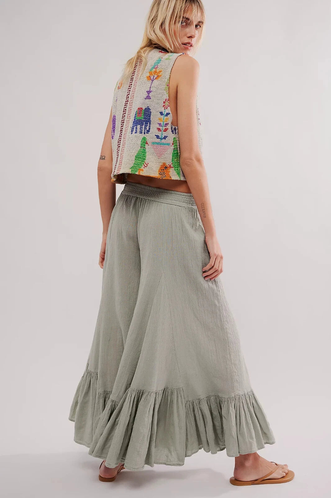 Free People Summer Kiss Godet Pants – back on model green