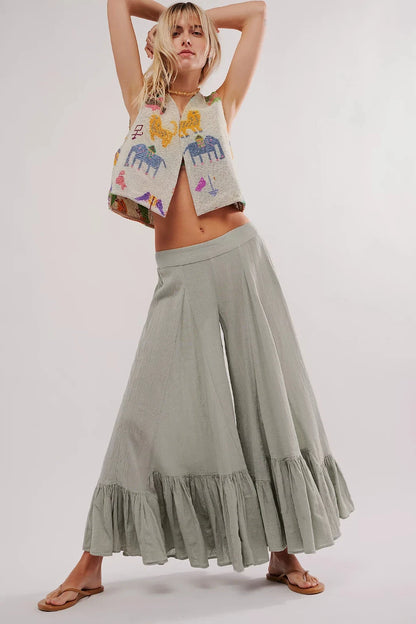 Free People Summer Kiss Godet Pants – front on model green