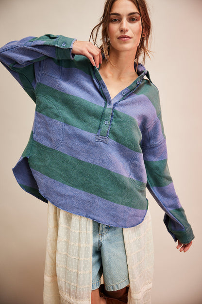 Free People We The Free Arizona Sky Striped Pullover – front on model green blue