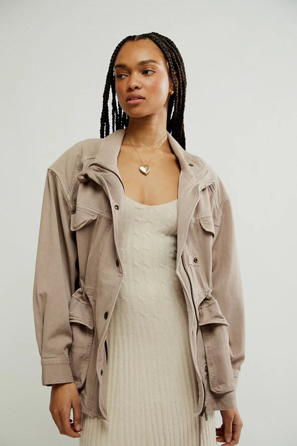 Free People We The Free Arya Utility Jacket – front on model brown