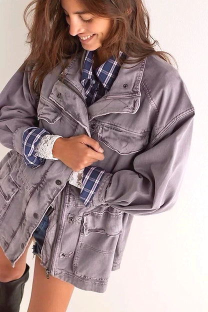 Free People We The Free Arya Utility Jacket – front on model wine