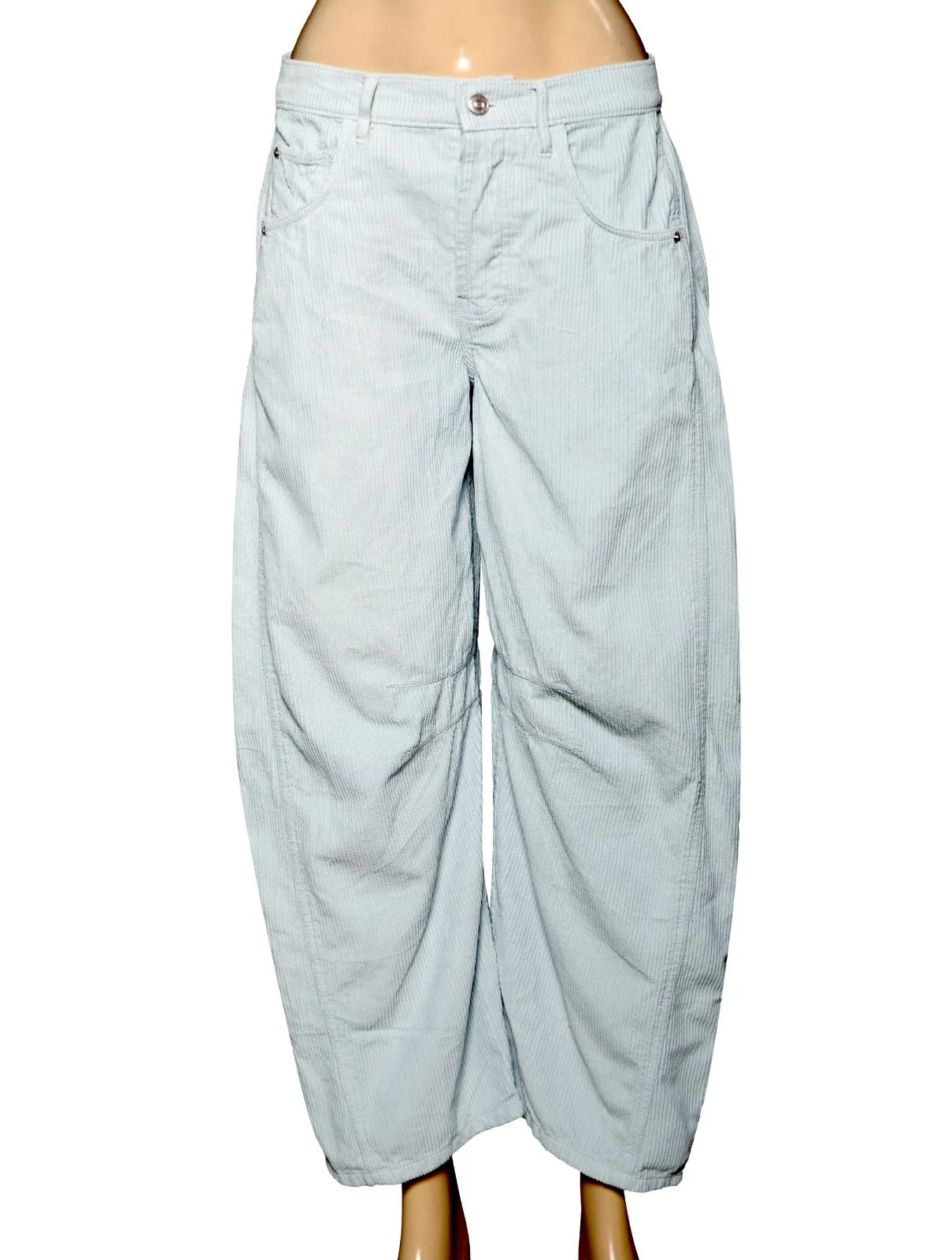 Free People We The Free Good Luck Mid-Rise Cord Barrel Jeans - front view blue