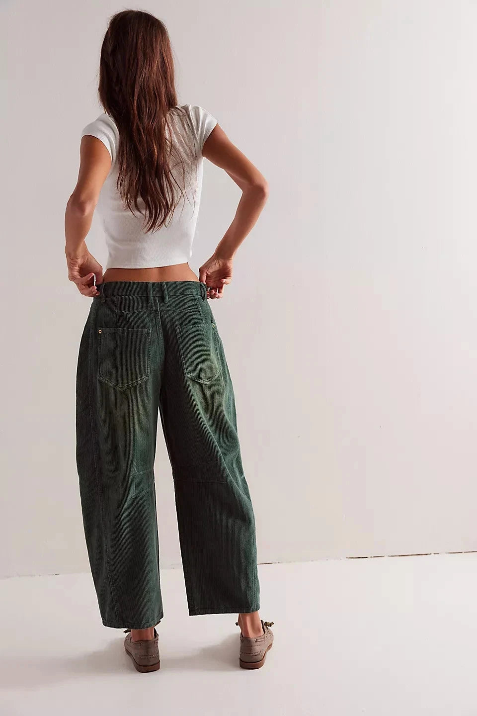 Free People We The Free Good Luck Mid-Rise Cord Barrel Jeans - back on model green