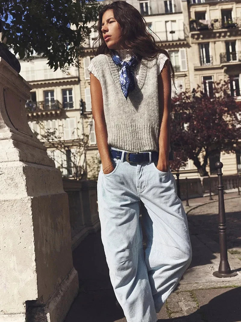 Free People We The Free Good Luck Mid-Rise Cord Barrel Jeans - front on model blue