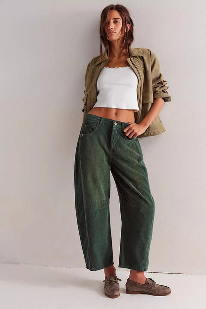 Free People We The Free Good Luck Mid-Rise Cord Barrel Jeans - front on model green