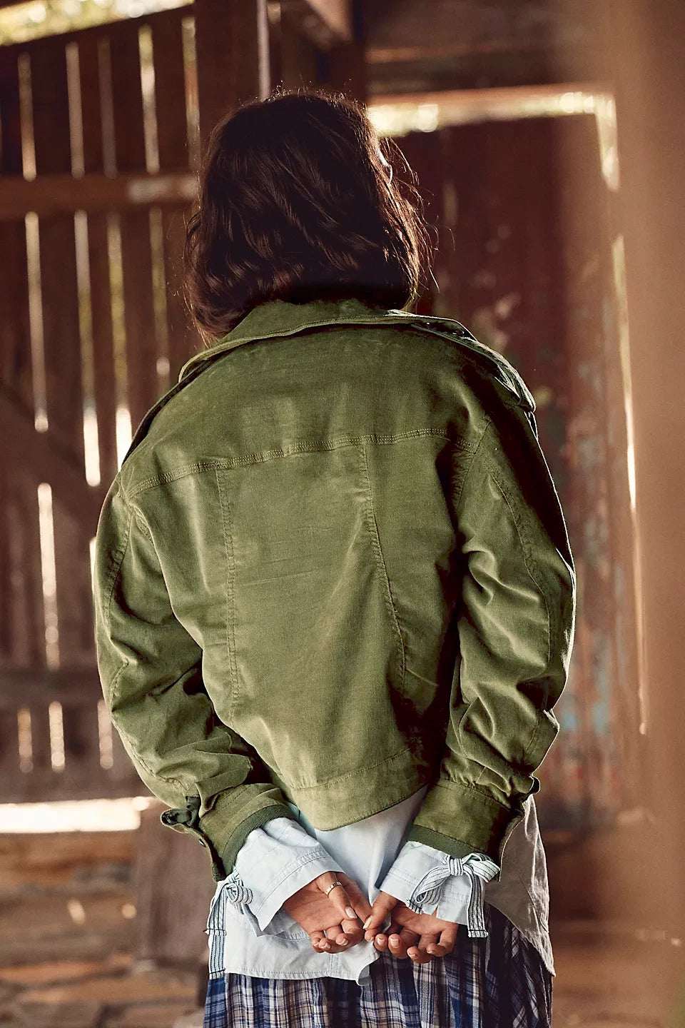 Free People Officer Velvet Jacket – back view on model green