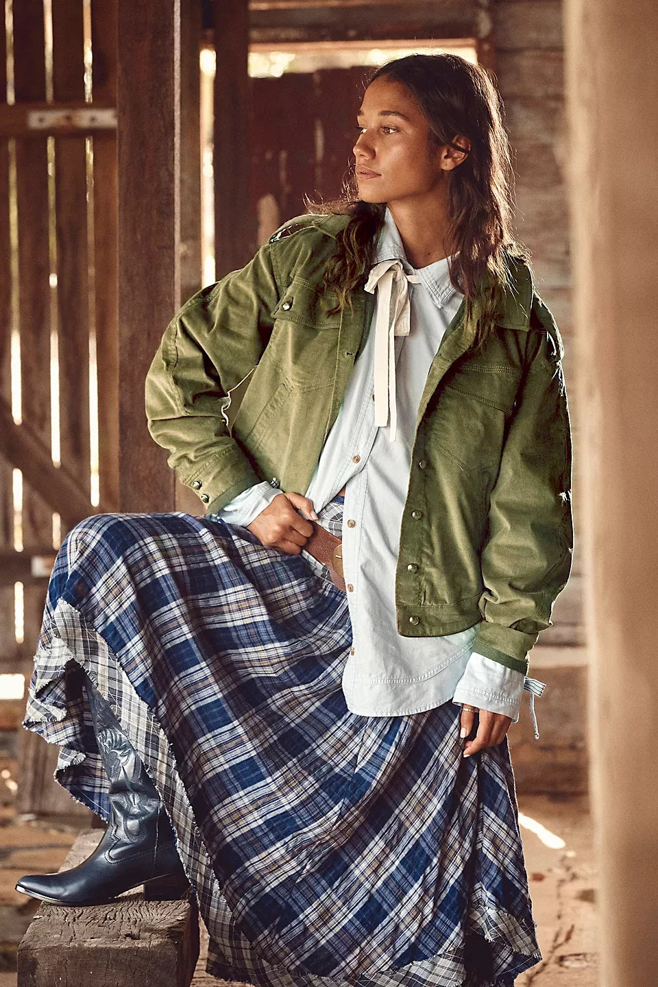 Free People Officer Velvet Jacket – front view on model green