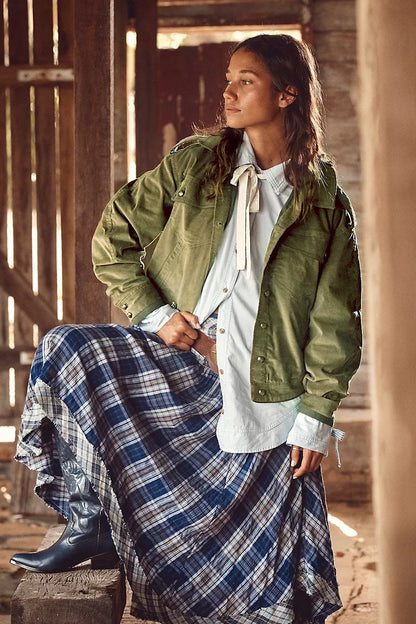 Free People Officer Velvet Jacket – front view on model green