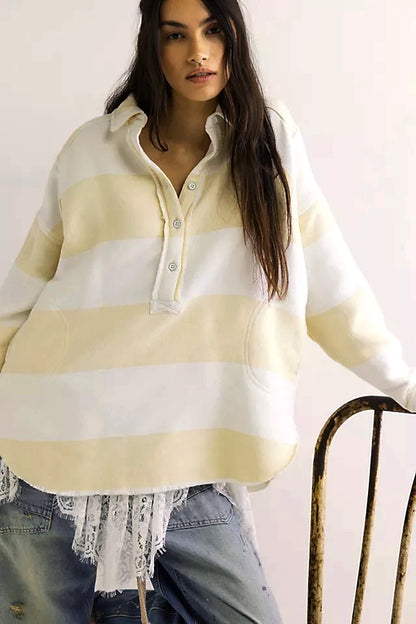 Free People We The Free Arizona Sky Striped Pullover – front on model yellow