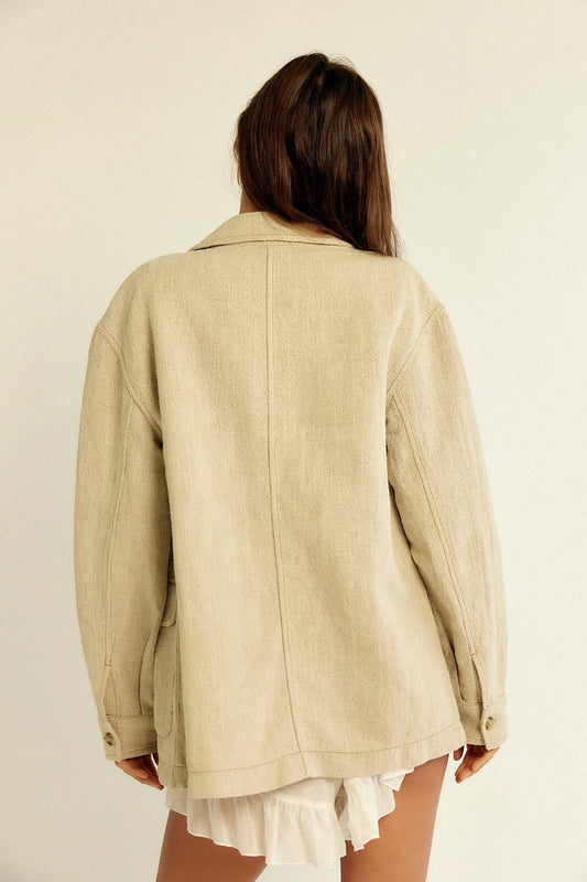 Free People Lucy Linen Chore Coat – back on model cream