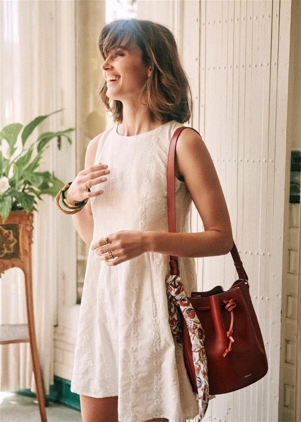 Sezane Robe Loulou Mini Dress – front on model ivory