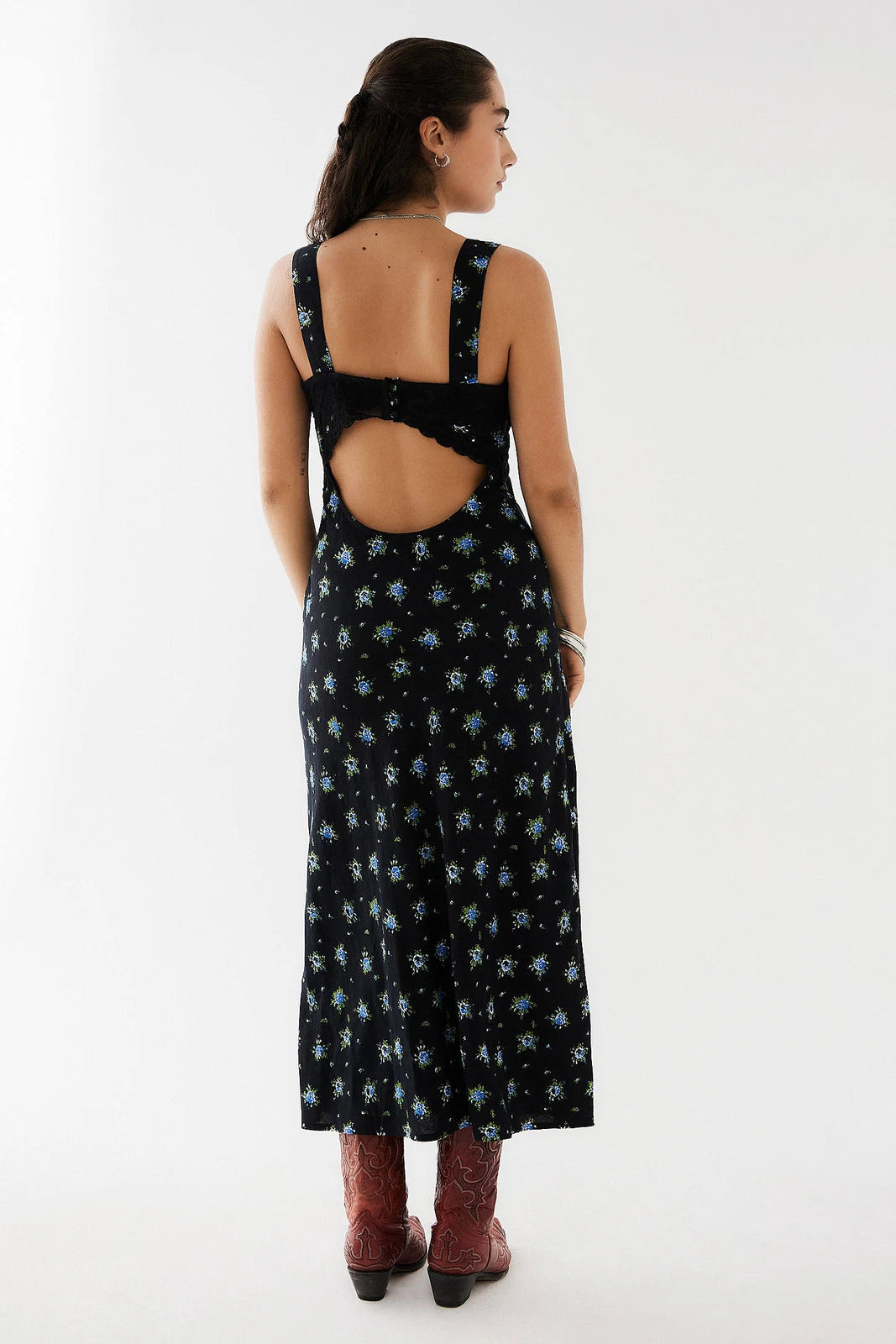 Urban Outfitters Light Before Dark Bex Floral Print Lingerie Slip Dress – back on model black